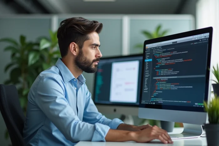 Technicien informatique diagnostiquant une erreur logicielle CAP RLA sur un PC de bureau en environnement professionnel
