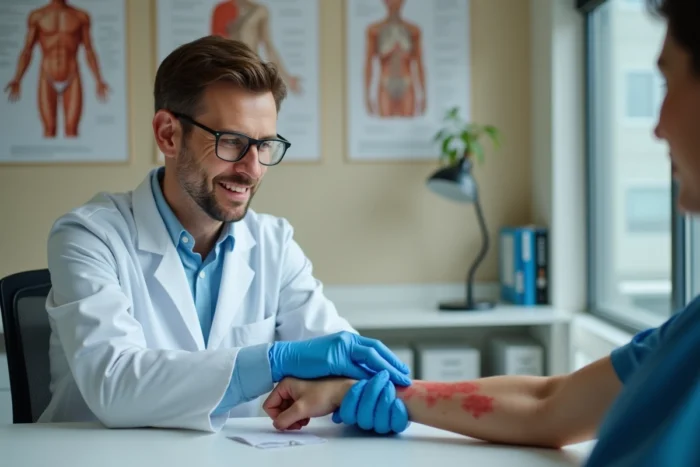 Dermatologue examinant une réaction allergique cutanée sur l'avant-bras d'un patient en cabinet médical