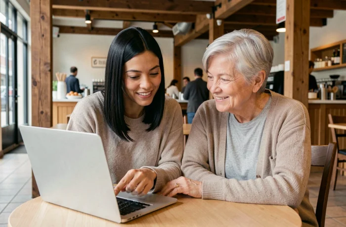 Deux femmes explorant ensemble le plan du site Femmes Du Monde sur un ordinateur portable dans un café