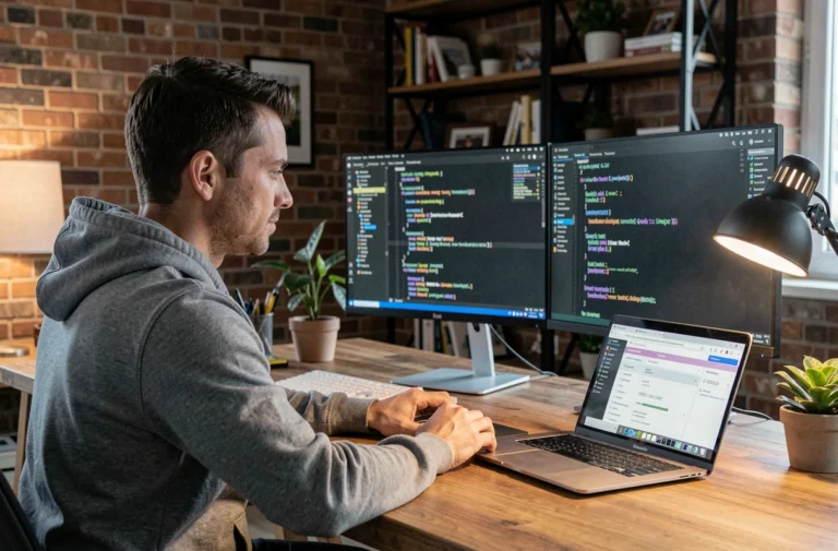 Développeur web automatisant la gestion d'un site web grâce à des scripts dans un bureau moderne à domicile