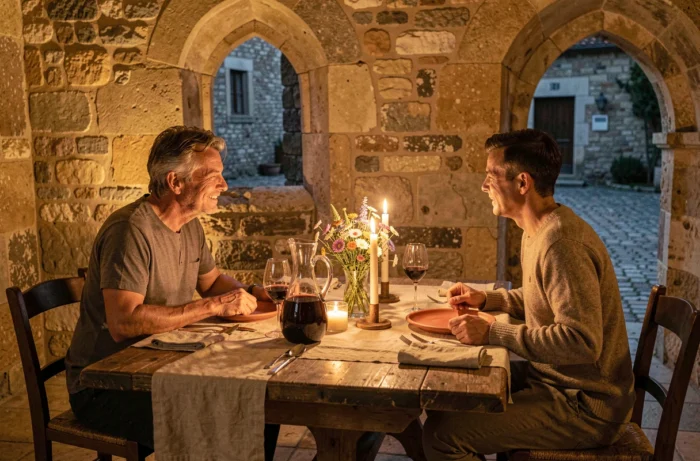 Couple dînant aux chandelles dans une bastide médiévale en pierre en Dordogne, avec vin rouge et décor ancien