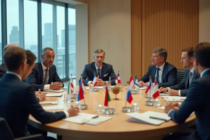 Diplomates de l'ONU réunis autour d'une table de conférence pour promouvoir la paix et le développement international