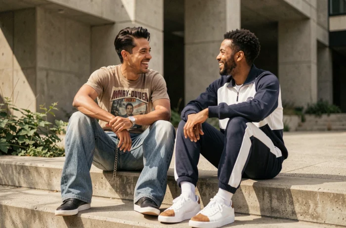 Deux amis en tenue streetwear tendance assis sur des marches en béton devant un bâtiment brutaliste urbain