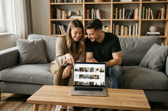 Deux personnes explorant ensemble le plan de contenu d'une plateforme sur un ordinateur portable dans un salon moderne