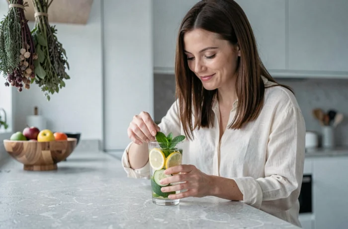 Femme préparant une eau infusée aux fruits et herbes fraîches dans une cuisine moderne, hydratation et bien-être naturel