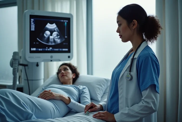 Échographie obstétricale montrant une sage-femme et une femme enceinte regardant le moniteur ensemble dans une clinique médicale