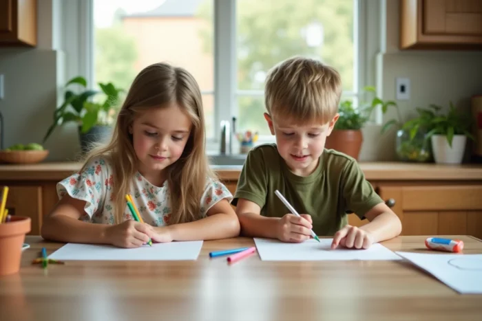 Deux enfants réalisent des activités créatives ensemble à la table de la cuisine, favorisant l'autonomie et le développement des compétences manuelles
