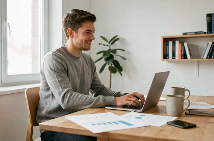 Jeune entrepreneur travaillant depuis son bureau à domicile sur des solutions innovantes pour accélérer la croissance de son entreprise en ligne