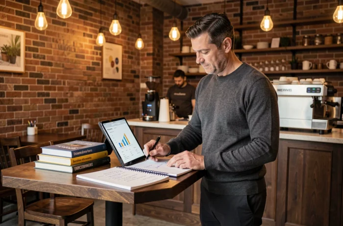 Entrepreneur masculin travaillant sur un business plan innovant dans un café urbain moderne