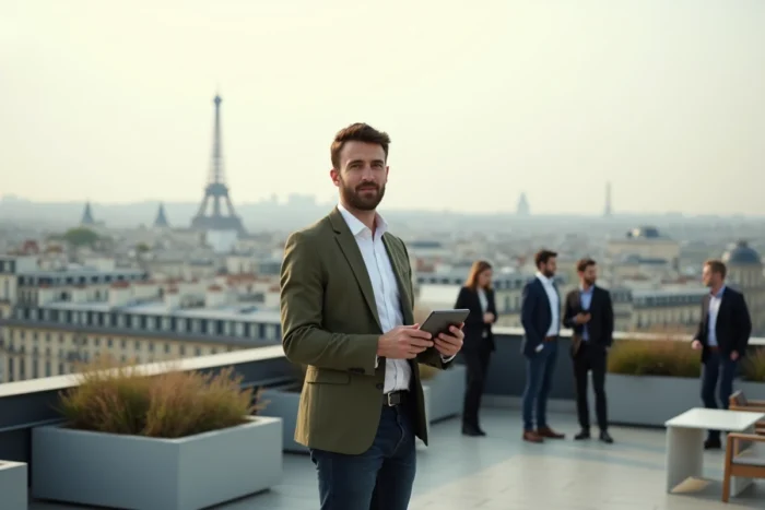 Entrepreneur parisien sur une terrasse avec vue panoramique sur les toits de Paris lors d'un événement de networking