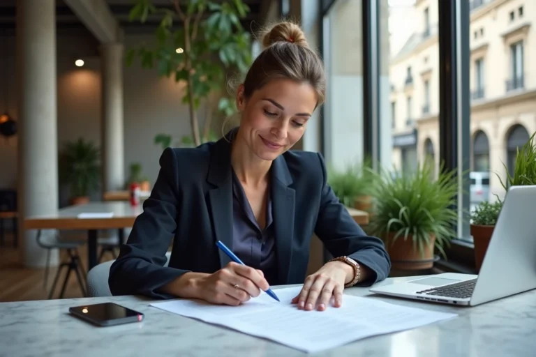 Entrepreneuse parisienne travaillant dans un espace de co-working moderne avec vue sur les toits haussmanniens de Paris