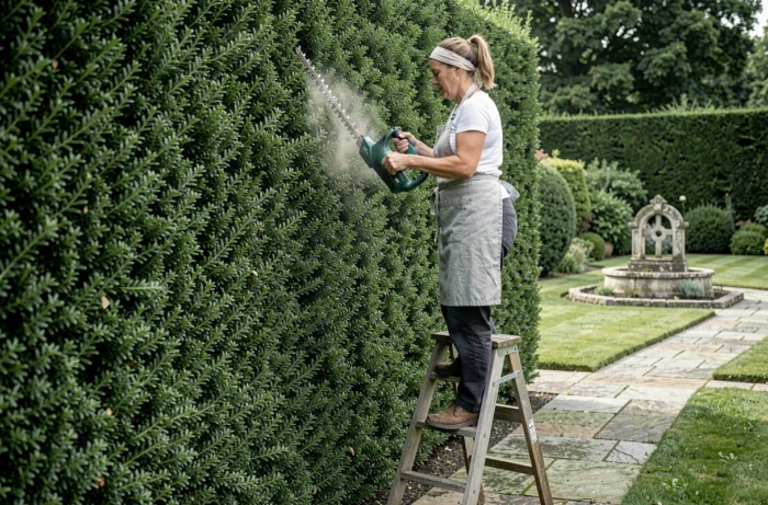 Femme jardinière utilisant une taille-haie électrique pour entretenir une haute haie d'if dans un jardin formel à l'anglaise