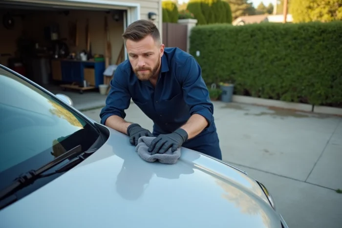 Homme entretenant sa voiture avec un chiffon microfibre sur une allée résidentielle
