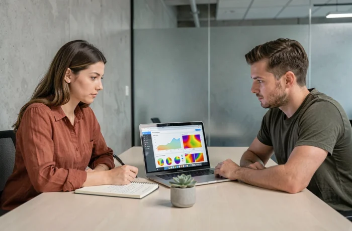 Deux professionnels analysant les performances d'un site web sur un tableau de bord analytics en salle de réunion
