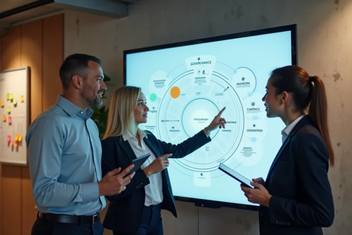 Équipe professionnelle analysant un diagramme de gestion des risques et de conformité sur écran interactif