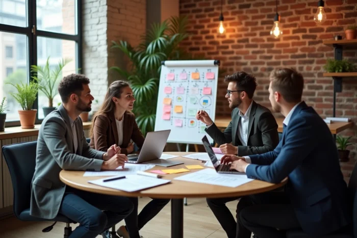 Équipe de professionnels collaborant autour d'idées d'innovation dans un espace de co-working moderne