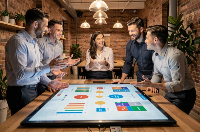Équipe de professionnels collaborant autour d'une table connectée pour développer des stratégies business innovantes en ligne