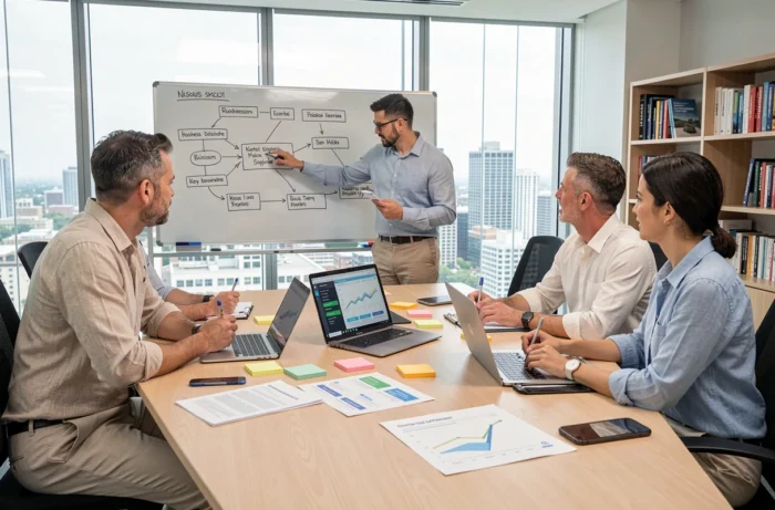 Équipe de professionnels collaborant sur les nouvelles tendances du business plan en salle de réunion