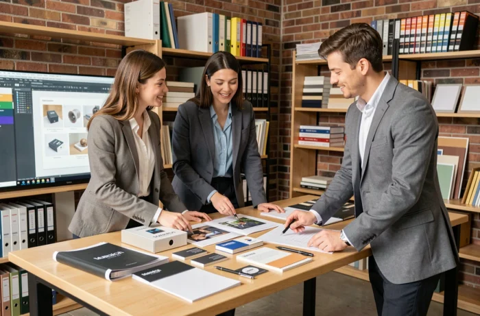 Équipe créative en studio design collaborant sur des maquettes d'impression personnalisée pour la communication d'entreprise