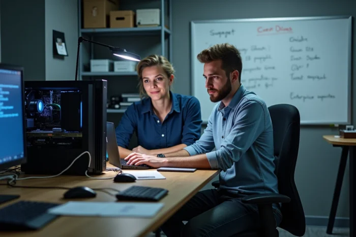 Équipe informatique analysant les journaux d'événements Windows pour résoudre un problème CAP RLA sur poste de travail
