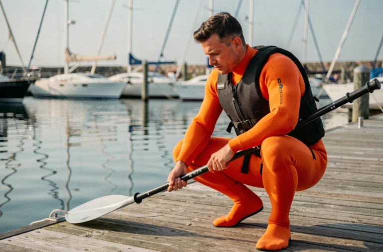 Homme en combinaison néoprène orange inspectant une pagaie de kayak sur un ponton de marina