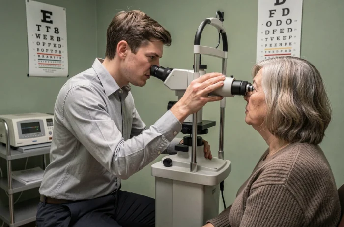 Optométriste réalisant un examen de la vue complet à l'aide d'une lampe à fente dans un cabinet d'optique