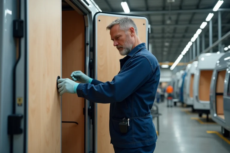 Artisan français inspectant l'intérieur d'une caravane en cours de fabrication dans un atelier industriel