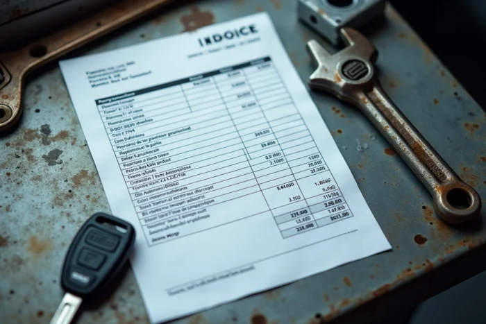 Facture détaillée de réparation automobile posée sur un établi d'atelier avec clés de voiture et outils