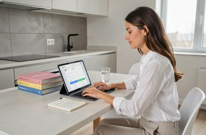 Jeune femme paramétrant une alerte emploi par abonnement sur une tablette dans sa cuisine