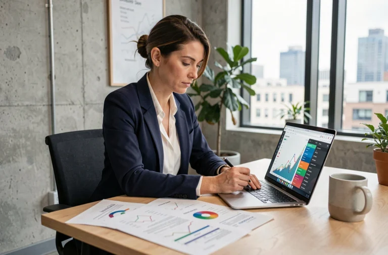 Femme d'affaires analysant un business plan moderne dans un espace de coworking contemporain