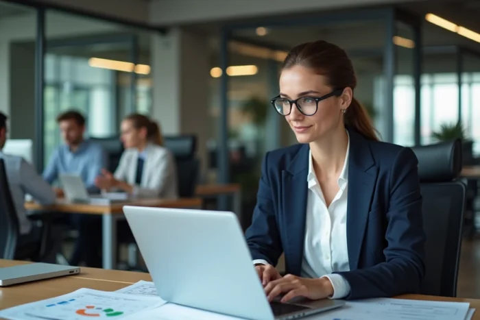 Femme d'affaires comparant des offres de fournisseurs d'accès internet pour son entreprise sur un ordinateur portable dans un bureau moderne