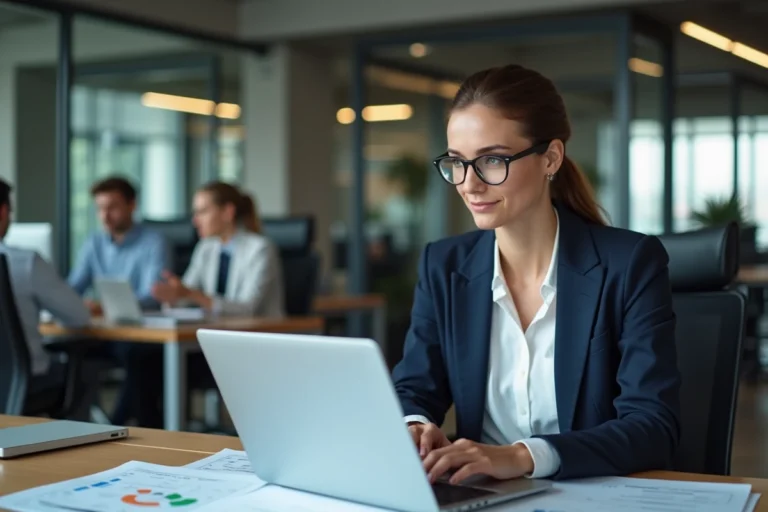 Femme d'affaires comparant des offres de fournisseurs d'accès internet pour son entreprise sur un ordinateur portable dans un bureau moderne