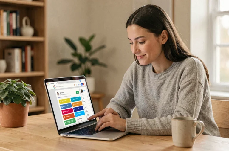 Femme consultant des alertes d'offres d'emploi sur son ordinateur portable lors d'un abonnement en ligne