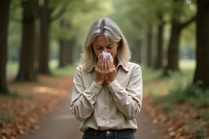 Femme éternuant dans une forêt de chênes en raison d'une allergie aux pollens ou aux galles de chêne