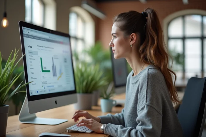 Une femme analyse des données de référencement naturel sur un écran d'ordinateur dans un bureau moderne