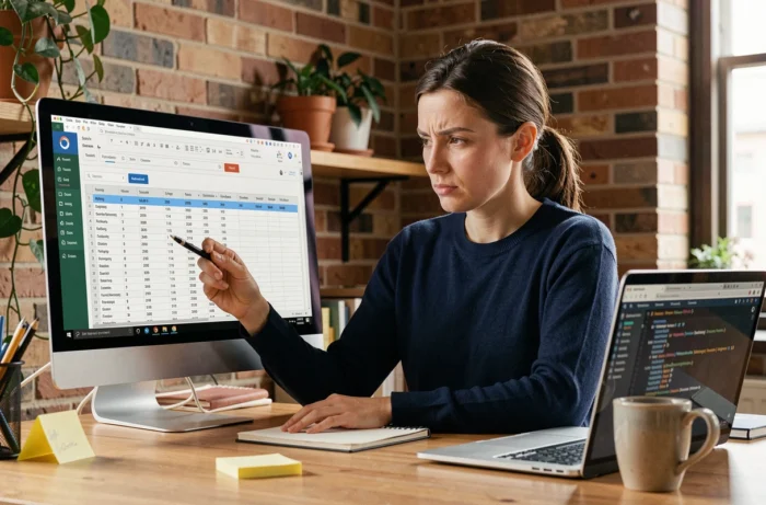 Femme analyste web concentrée devant un écran affichant un audit de site internet dans un bureau moderne