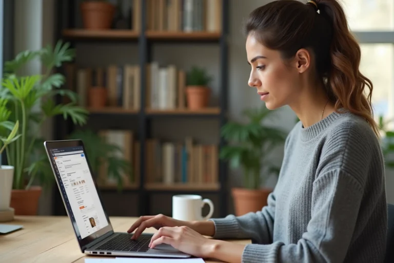 Femme consultant l'historique de ses commandes Amazon sur un ordinateur portable pour archiver ou masquer une commande