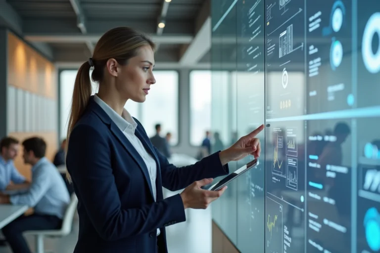 Femme professionnelle dans un bureau technologique moderne présentant des innovations sur un écran interactif