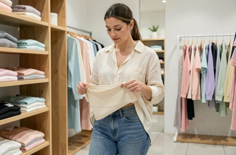 Femme en boutique évaluant la coupe d'un legging taille haute pour un ajustement confortable et discret