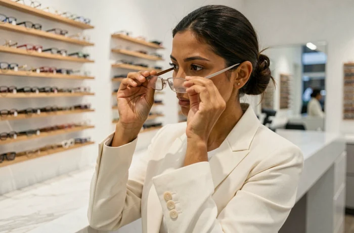 Femme examinant des lunettes rectangulaires dans une boutique d'optique moderne