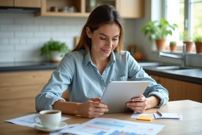 Femme comparant des abonnements bricolage sur tablette dans une cuisine moderne