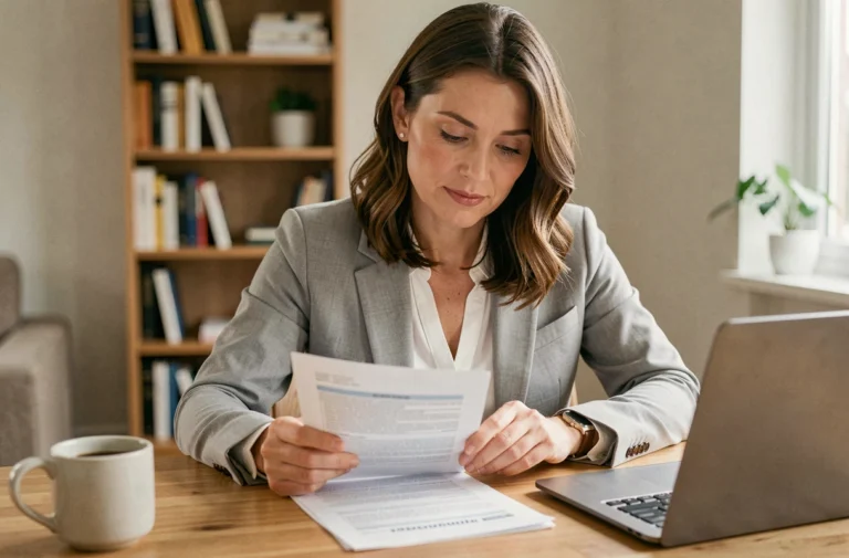 Femme consultant des documents d'assurance auto à son domicile pour choisir la meilleure couverture