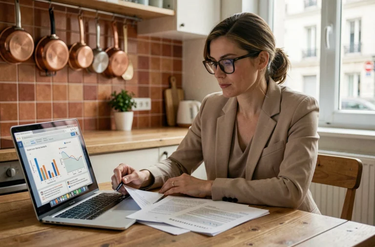 Femme consultant des documents d'assurance auto sur une table en bois dans une cuisine moderne, idéal pour illustrer le choix d'une assurance voiture