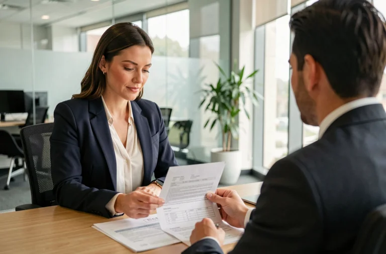 Femme consultant un conseiller bancaire pour obtenir un crédit immobilier dans un bureau moderne