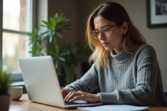 Femme consultant les avis d'un garage automobile en ligne depuis son domicile sur un ordinateur portable