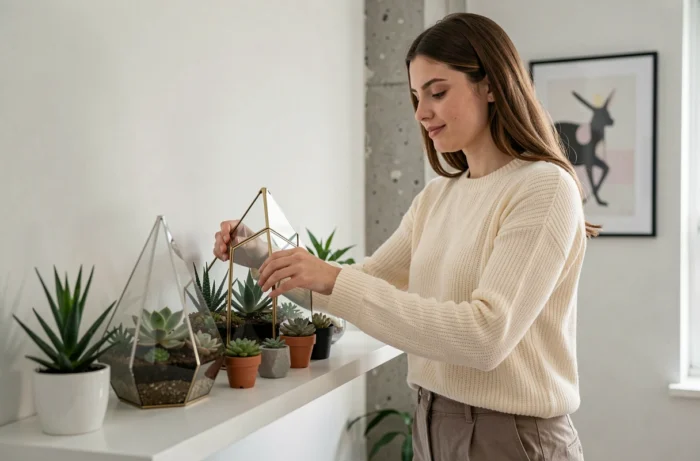 Femme arrangeant des terrariums en verre et des plantes succulentes sur une étagère murale blanche dans un bureau décoré avec les tendances CallMeSpring