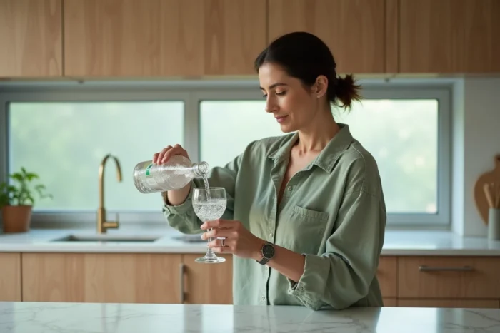 Femme versant de l'eau minérale Saint Antonin dans un verre dans une cuisine moderne, illustrant les bienfaits digestifs de cette eau contre la constipation