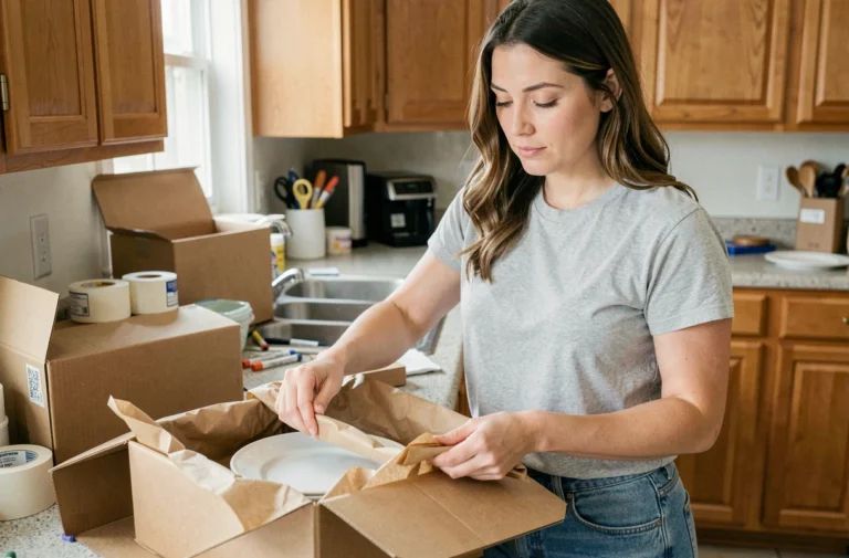 Femme emballant de la vaisselle dans des cartons lors de la préparation d'un déménagement dans une cuisine