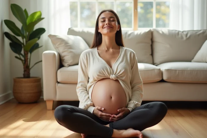Femme enceinte au troisième trimestre tenant son ventre avec tendresse, assise sur un parquet en bois dans un salon chaleureux