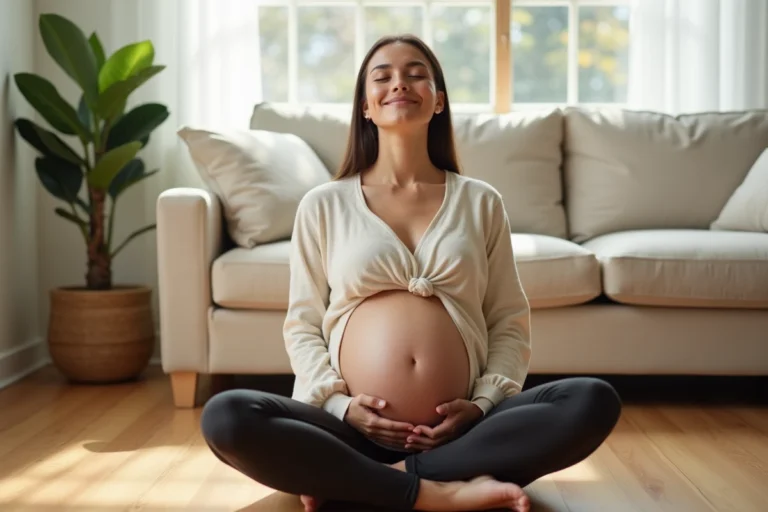 Femme enceinte au troisième trimestre tenant son ventre avec tendresse, assise sur un parquet en bois dans un salon chaleureux